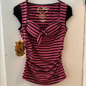 Baby Blue Pink and Black Striped Women's Top NEW